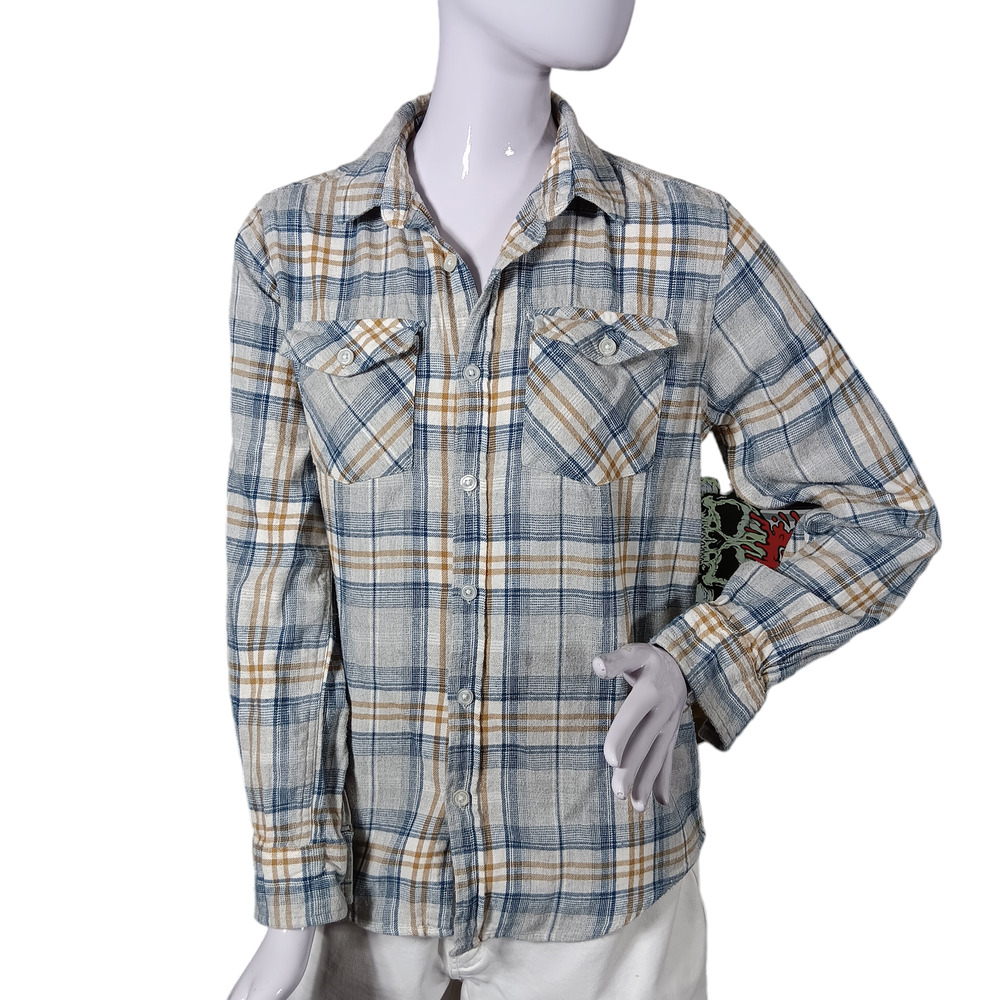 Retrofit Flannel Shirt Size Small Light Blue and Brown Plaid Print Button Down